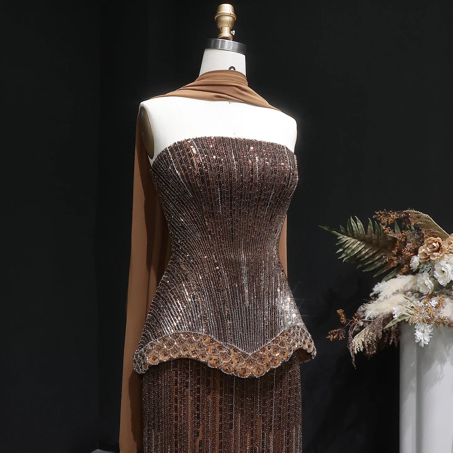 Brown Strapless Sequined Two-Piece Evening Gown with Scarf — GCC Luxury — Riviera Couture GCC Luxury Evening Gown