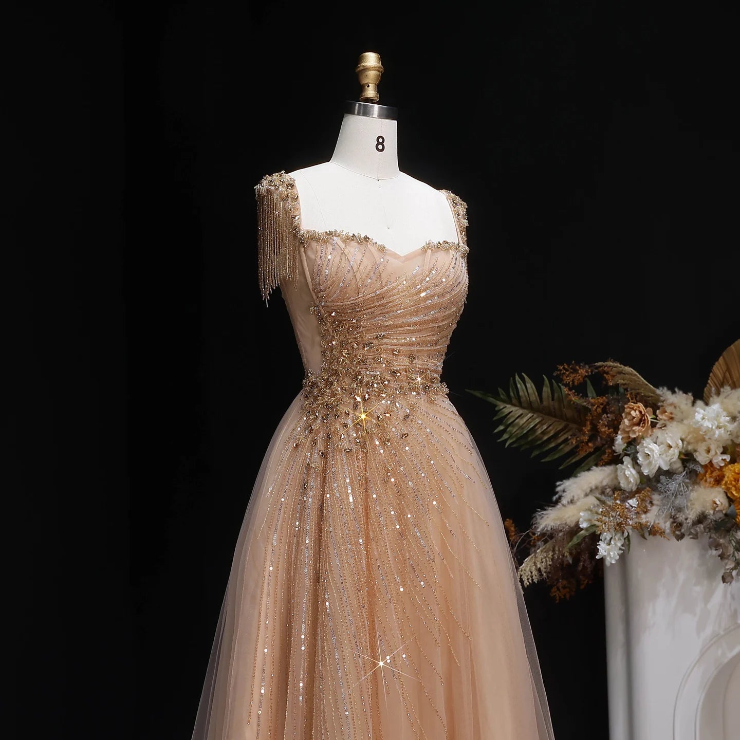 A-Line Evening Gown — Tassel Beaded Crystal GCC Luxury 2026 — Riviera Couture GCC Luxury Evening Gown