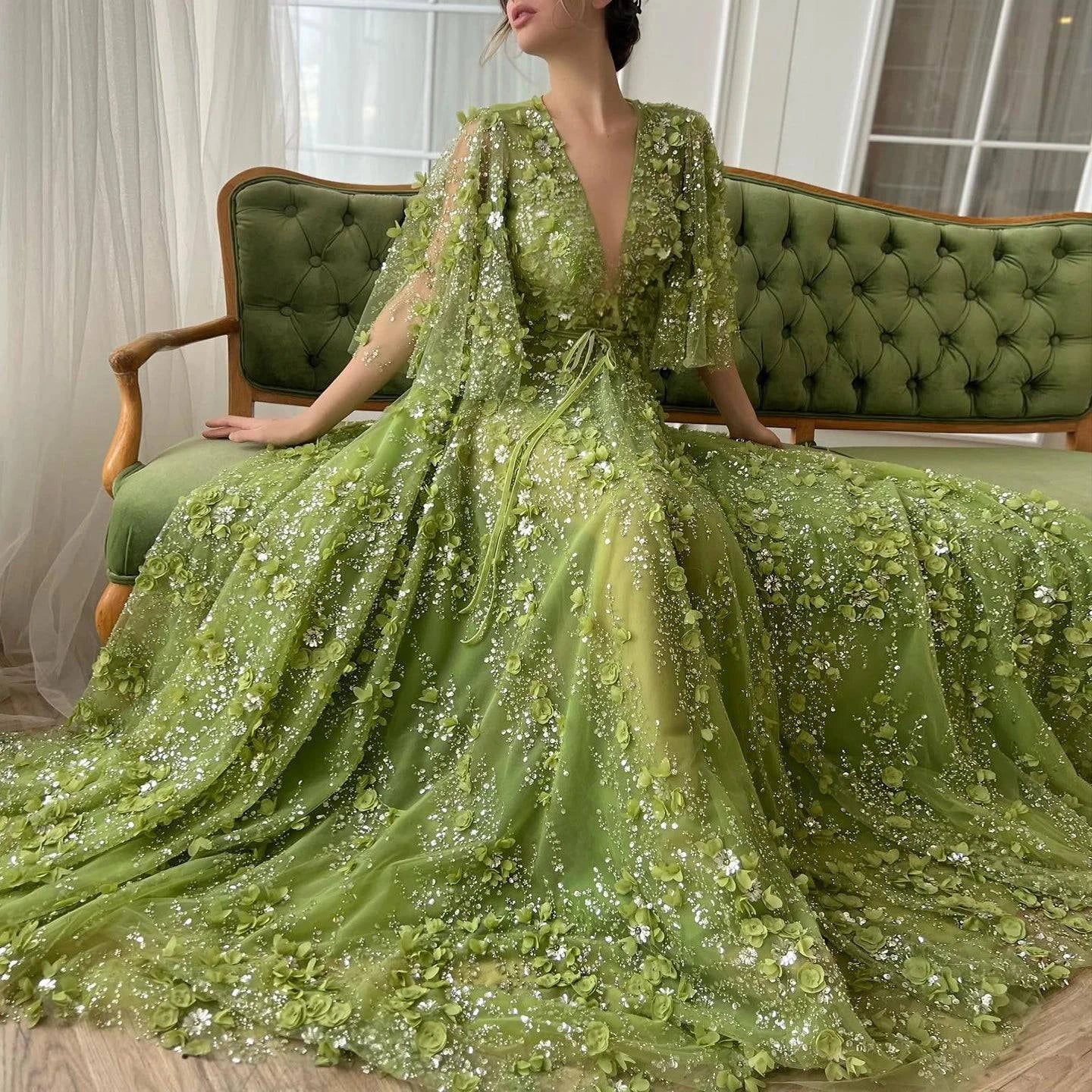 Plunging V-neck Green 3D Embroidered Flowers Evening Dress - Riviera Couture