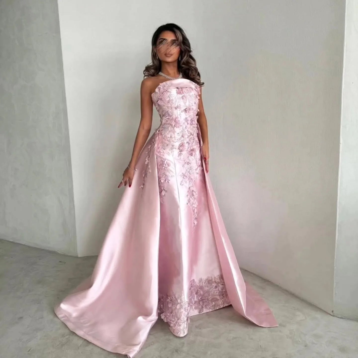 Pink Pink Mermaid Evening Gown with Overskirt — 3D Flowers Sequined Modest — Riviera Couture GCC Luxury Evening Gown