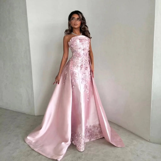 Pink Pink Mermaid Evening Gown with Overskirt — 3D Flowers Sequined Modest — Riviera Couture GCC Luxury Evening Gown