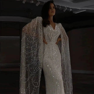 White Feather Luxury Evening Dresses with Cape Sleeves - Riviera Couture