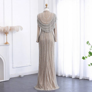 Luxury Silver Nude Muslim Evening Dresses with Cape High Neck Long Sleeves - Riviera Couture