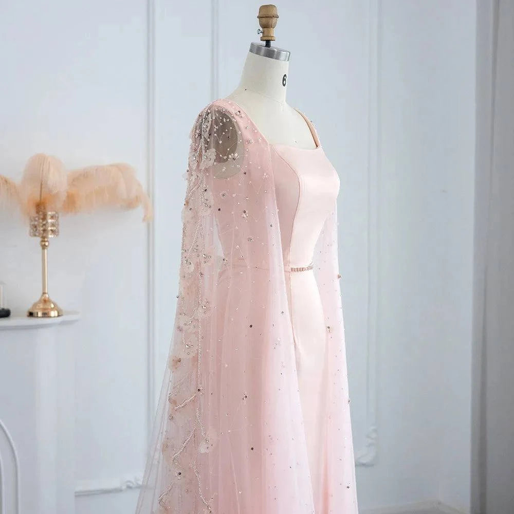 Pink 3D Flowers Evening Dress with Cape Sleeves - Riviera Couture