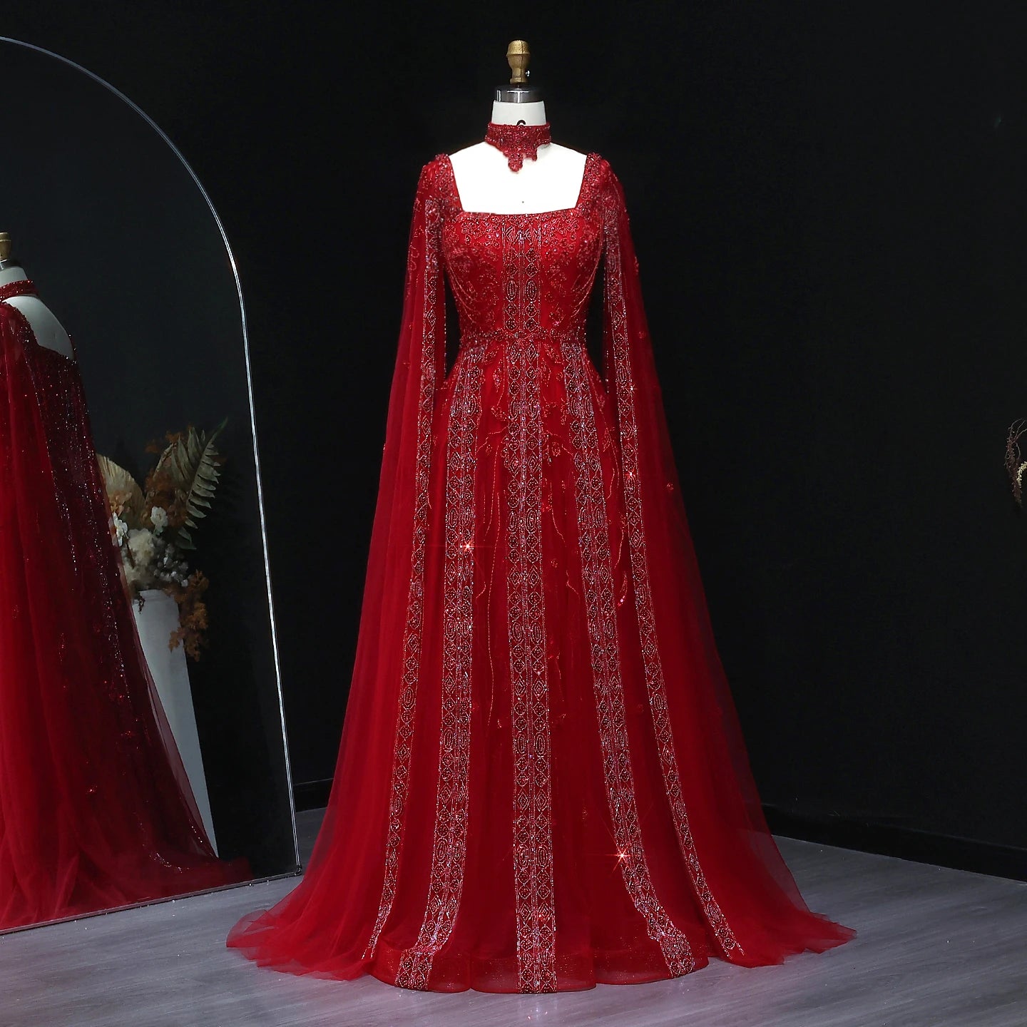 Pink Nude Arabic Evening Gown with Cape Sleeves and Wine Red Choker — Riviera Couture GCC Luxury Evening Gown