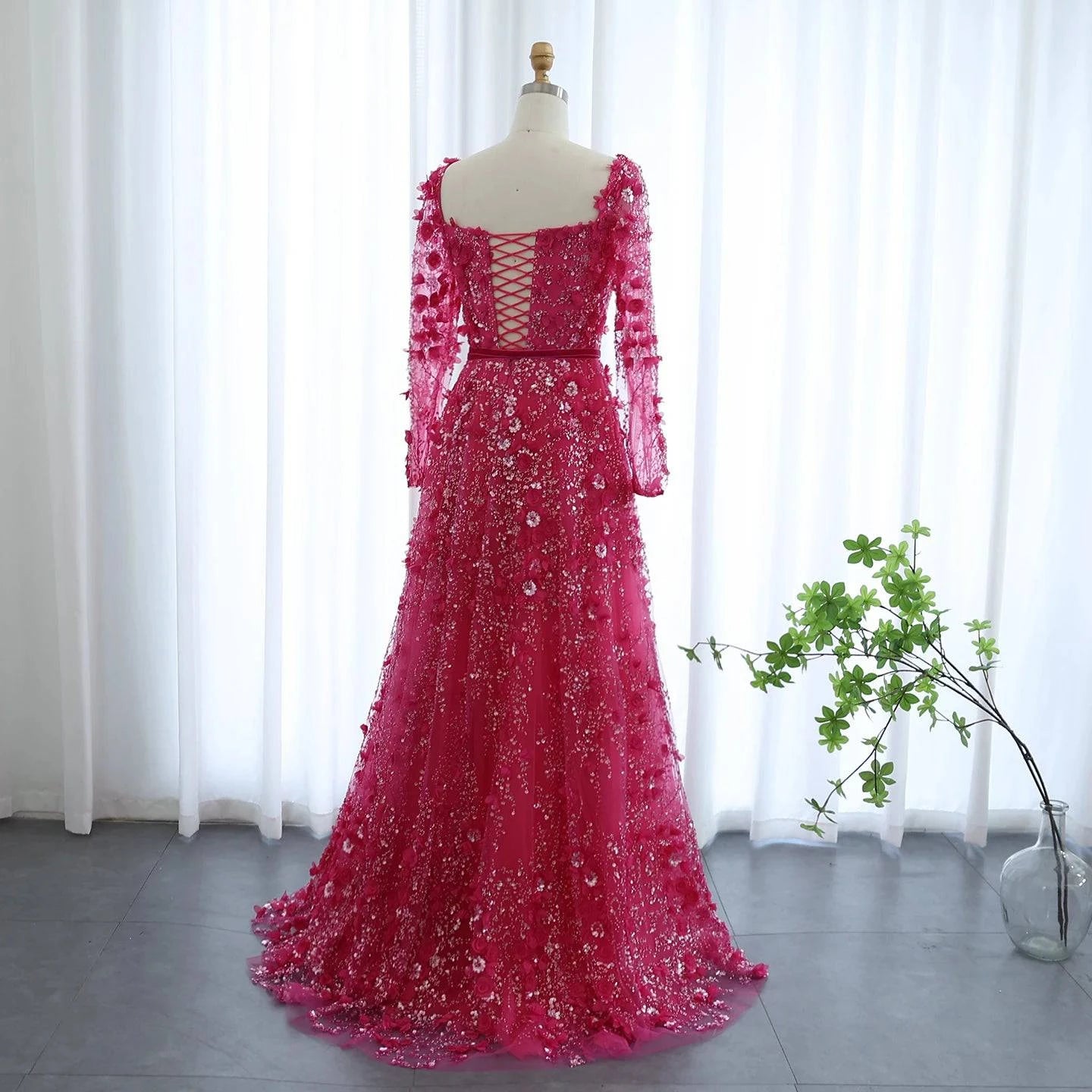 3D Flower Long Sleeves Evening Gown A-Line -RC01 - Riviera Couture