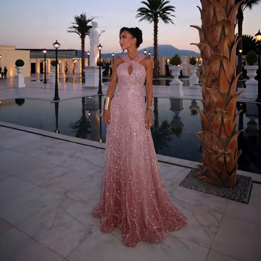 Gradient Pink Ombré Pink Criss-Cross Neck Evening Gown — Luxury GCC Formal — Riviera Couture GCC Luxury Evening Gown