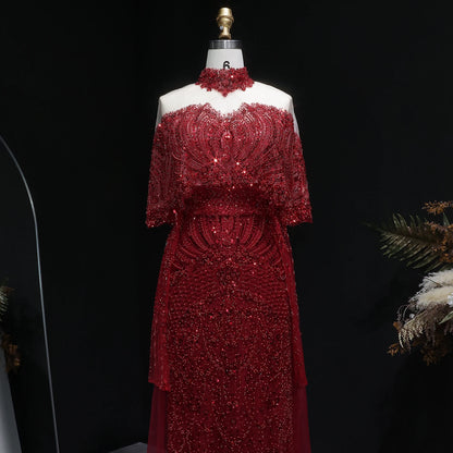 Gray Gray Dubai Evening Gown with Cape — Long Sleeve Detachable Overskirt — Riviera Couture GCC Luxury Evening Gown