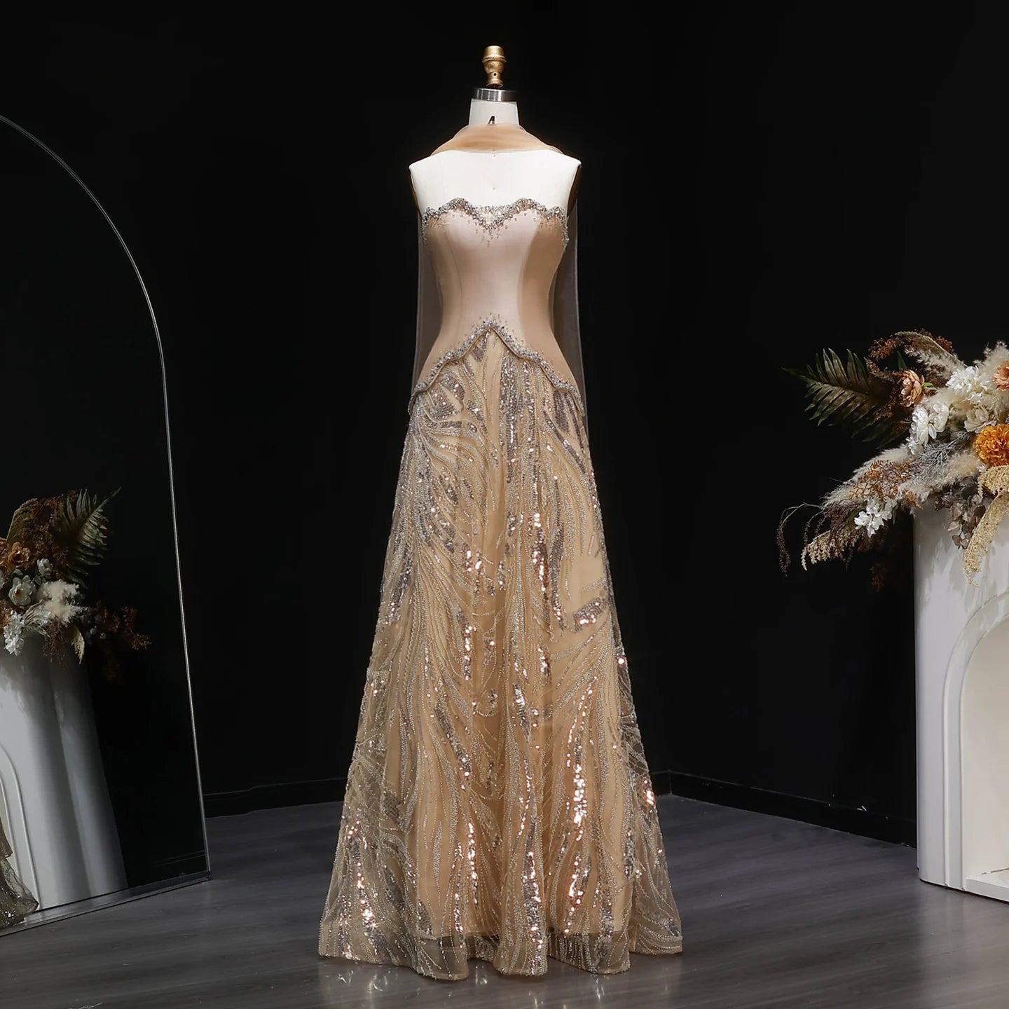 Beaded Sequined Evening Gown with Scarf — Luxury GCC Formal — Riviera Couture GCC Luxury Evening Gown