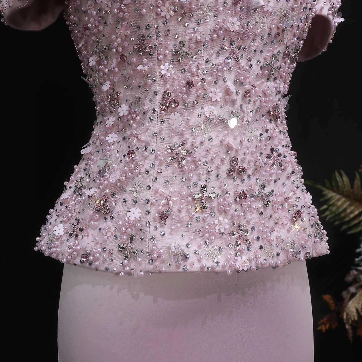 Pink Pink Beaded Two-Piece Evening Gown — Short Sleeve Arabic Luxury — Riviera Couture GCC Luxury Evening Gown