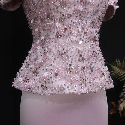 Pink Pink Beaded Two-Piece Evening Gown — Short Sleeve Arabic Luxury — Riviera Couture GCC Luxury Evening Gown