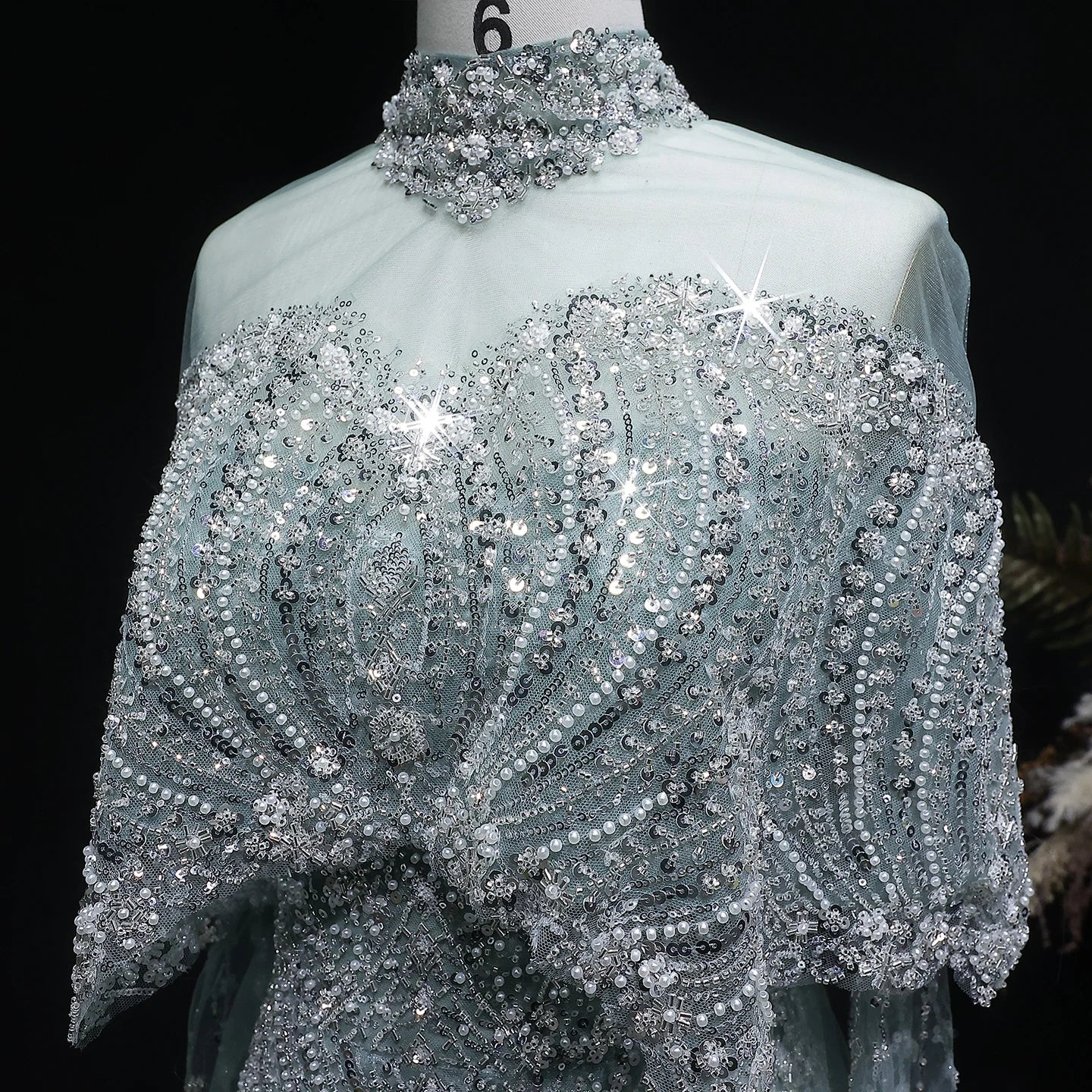 Champagne Gray Dubai Evening Gown with Cape — Long Sleeve Detachable Overskirt — Riviera Couture GCC Luxury Evening Gown