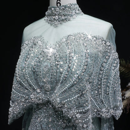 Champagne Gray Dubai Evening Gown with Cape — Long Sleeve Detachable Overskirt — Riviera Couture GCC Luxury Evening Gown