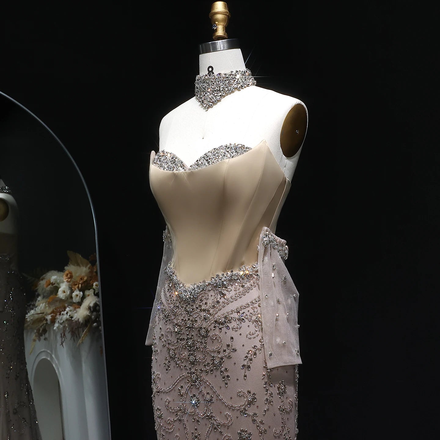 Champagne Beaded Mermaid Evening Gown with Gloves — Corset High Collar GCC — Riviera Couture GCC Luxury Evening Gown