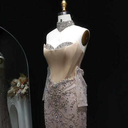 Champagne Beaded Mermaid Evening Gown with Gloves — Corset High Collar GCC — Riviera Couture GCC Luxury Evening Gown