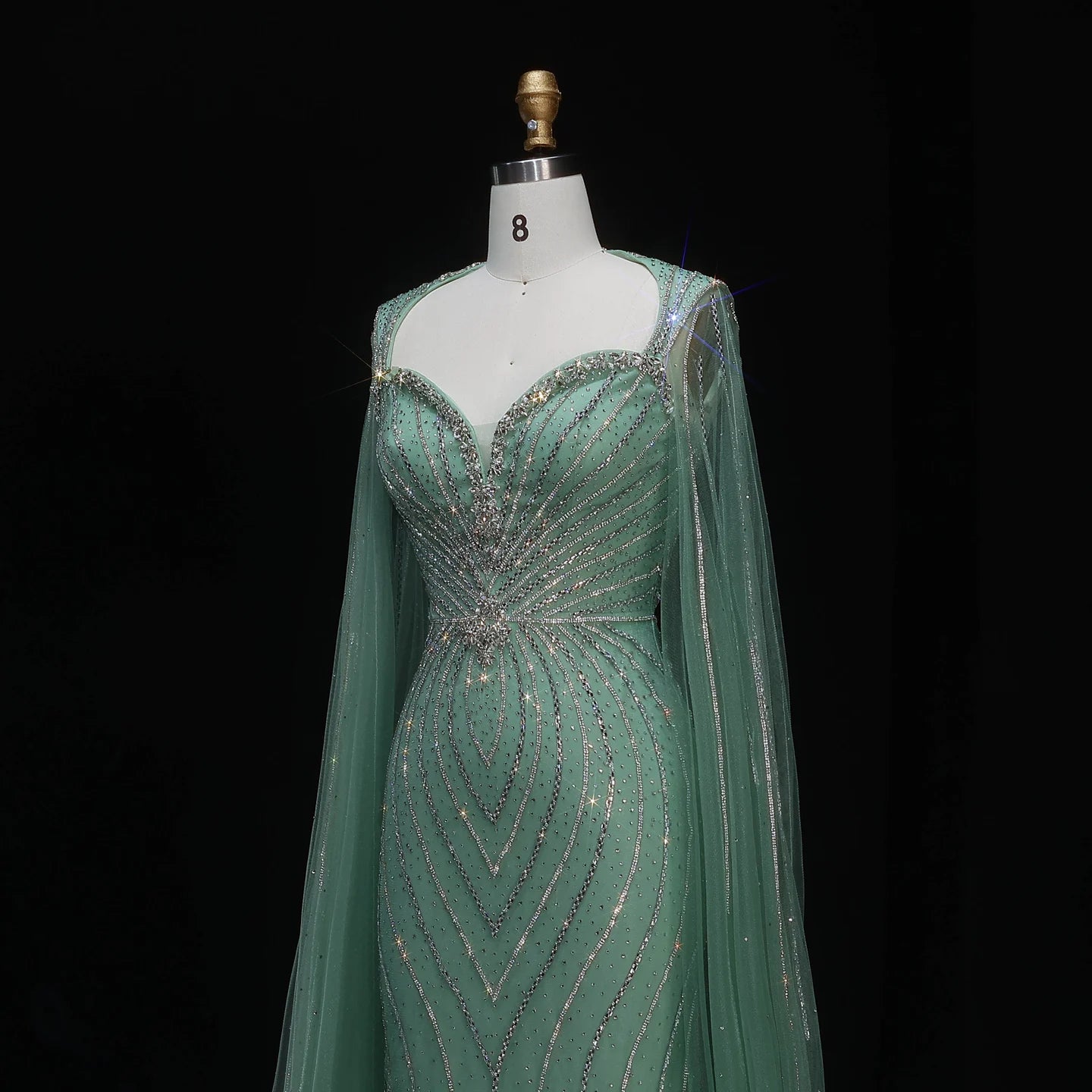 Pink Beaded Mermaid Evening Gown with Cape Sleeves — Dubai Arabic Formal — Riviera Couture GCC Luxury Evening Gown