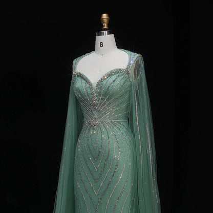 Pink Beaded Mermaid Evening Gown with Cape Sleeves — Dubai Arabic Formal — Riviera Couture GCC Luxury Evening Gown