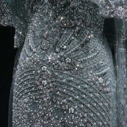 Gray Gray Dubai Evening Gown with Cape — Long Sleeve Detachable Overskirt — Riviera Couture GCC Luxury Evening Gown
