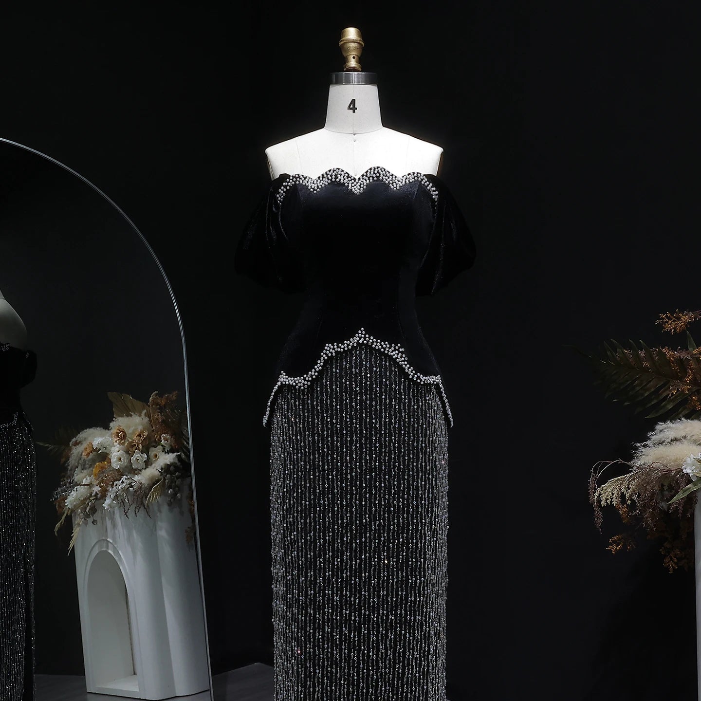 Black Black Beaded Off-Shoulder Evening Gown with Slit — Arabic Luxury — Riviera Couture GCC Luxury Evening Gown