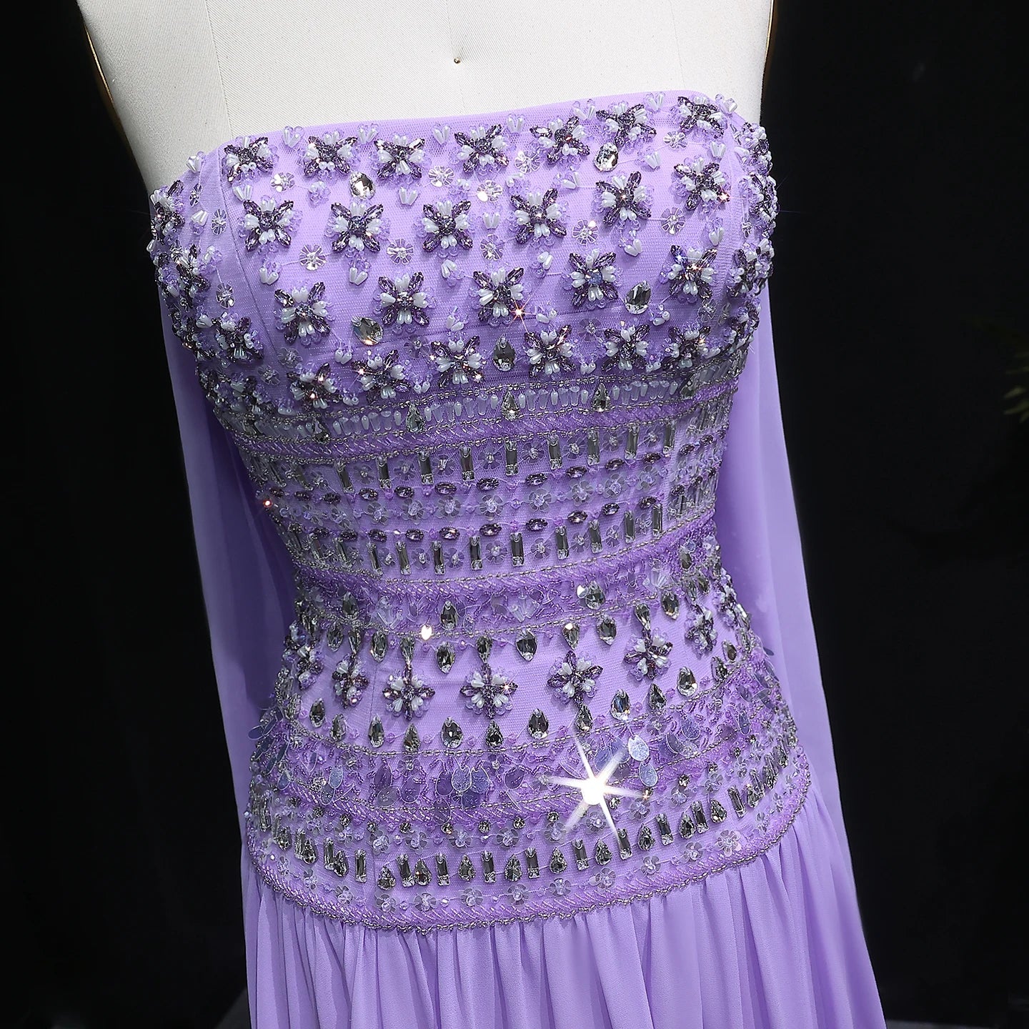 Lilac Long Sleeves Lilac Beaded Strapless Evening Gown with Flowing Chiffon Skirt — Riviera Couture GCC Luxury Evening Gown