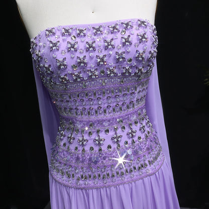 Lilac Long Sleeves Lilac Beaded Strapless Evening Gown with Flowing Chiffon Skirt — Riviera Couture GCC Luxury Evening Gown