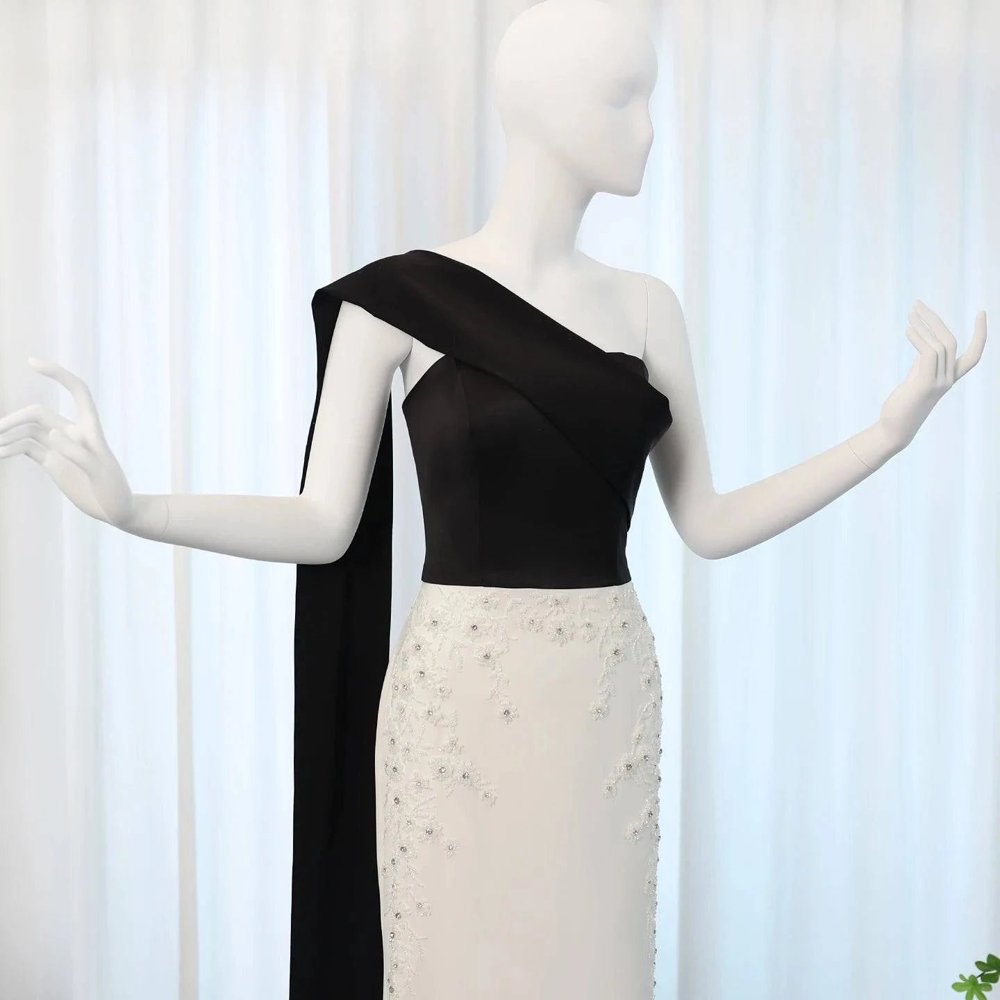 Black and White Strapless Evening Dress with Cape - Riviera Couture