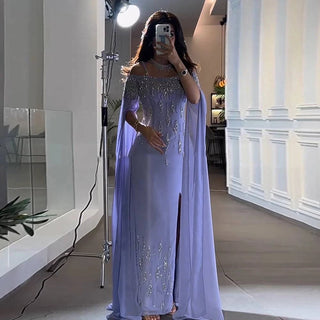 Lilac Mermaid Evening Dress with Cape Sleeves - Riviera Couture