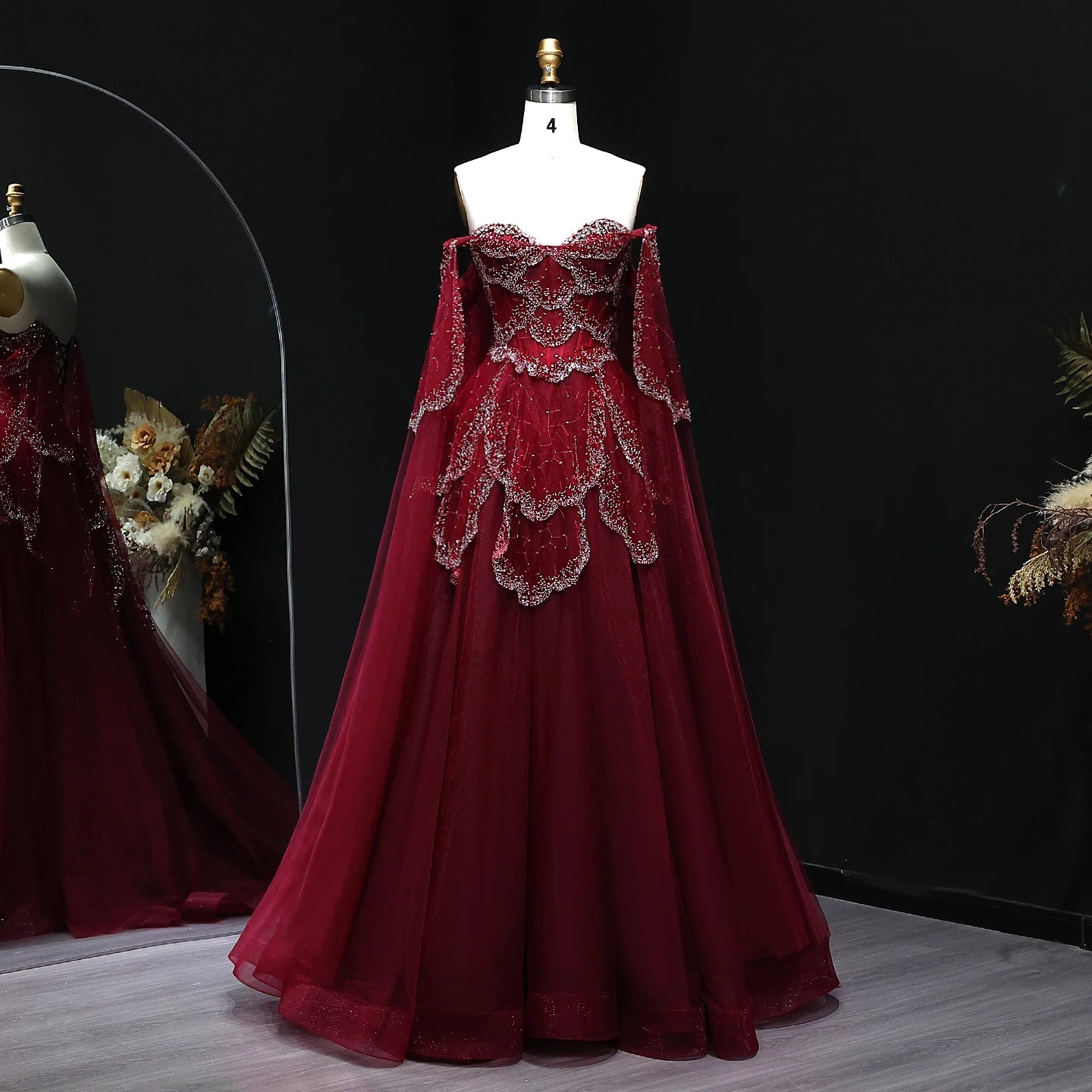 pink Sage Green Sweetheart Evening Gown with Cape Sleeves — GCC Formal — Riviera Couture GCC Luxury Evening Gown