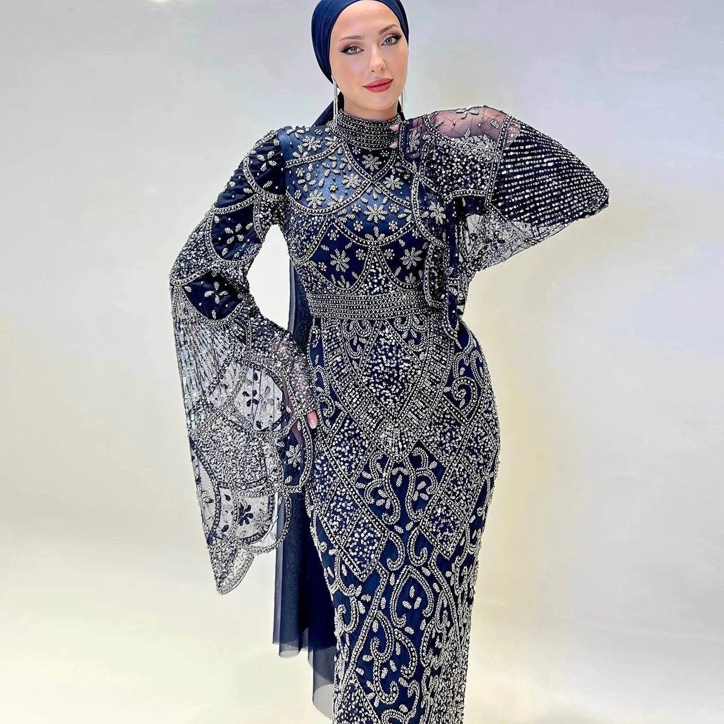 Beaded Luxury Muslim Evening Dress with Flare Long Sleeves High Neck - Riviera Couture