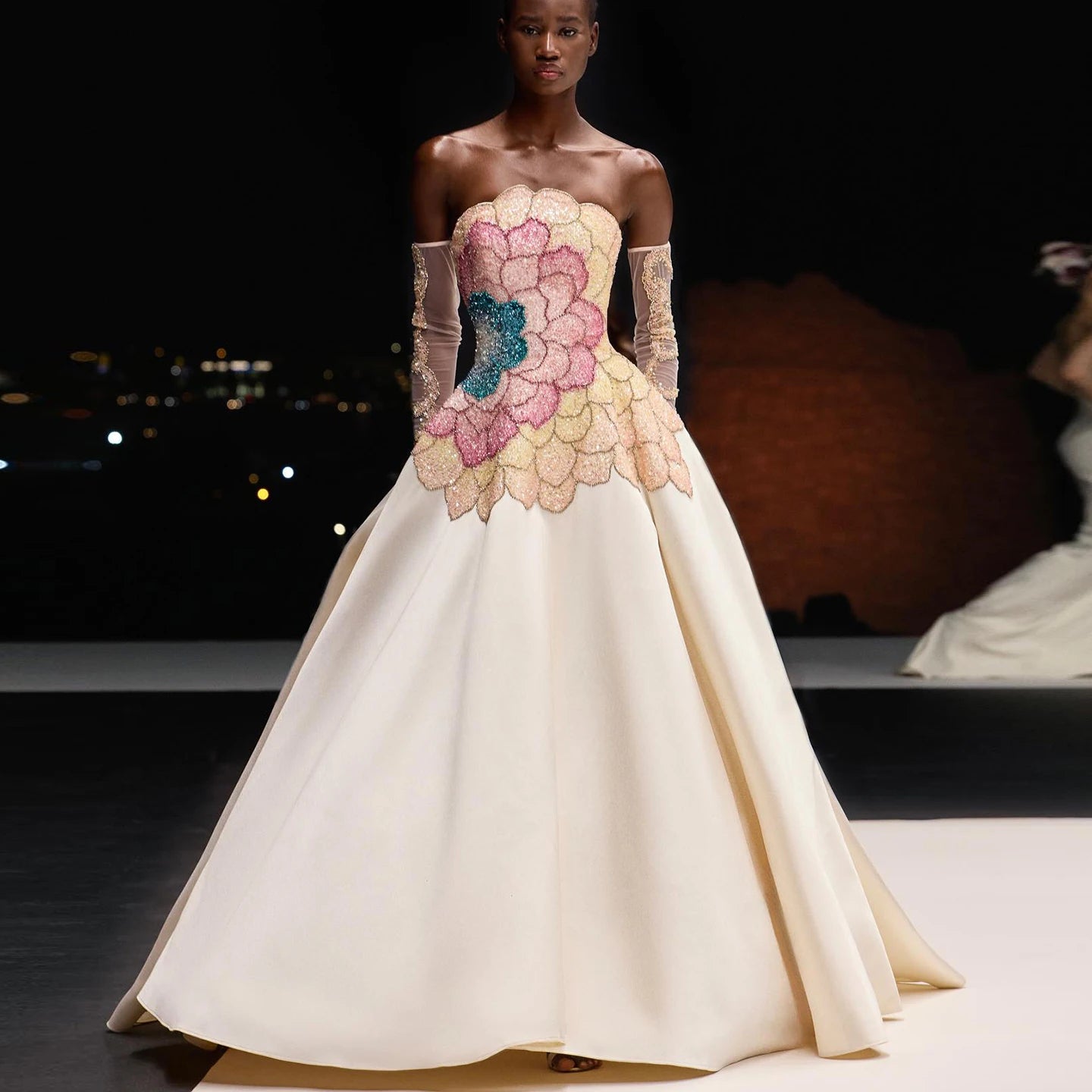 Beige Beige Satin Strapless Evening Gown with Gloves — Dubai Luxury — Riviera Couture GCC Luxury Evening Gown