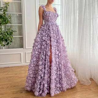 3D Embroidered Flowers Evening Dress with High Slit - Riviera Couture