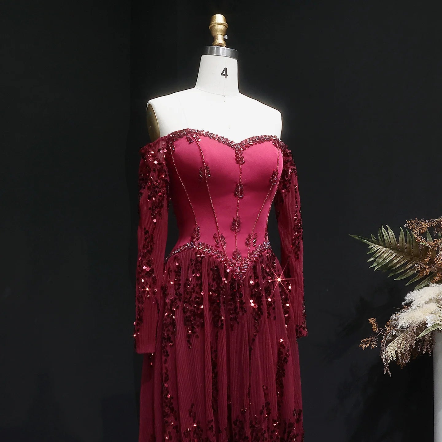 Beige Off-Shoulder Long Sleeve Sequined A-Line Evening Gown — GCC Formal — Riviera Couture GCC Luxury Evening Gown