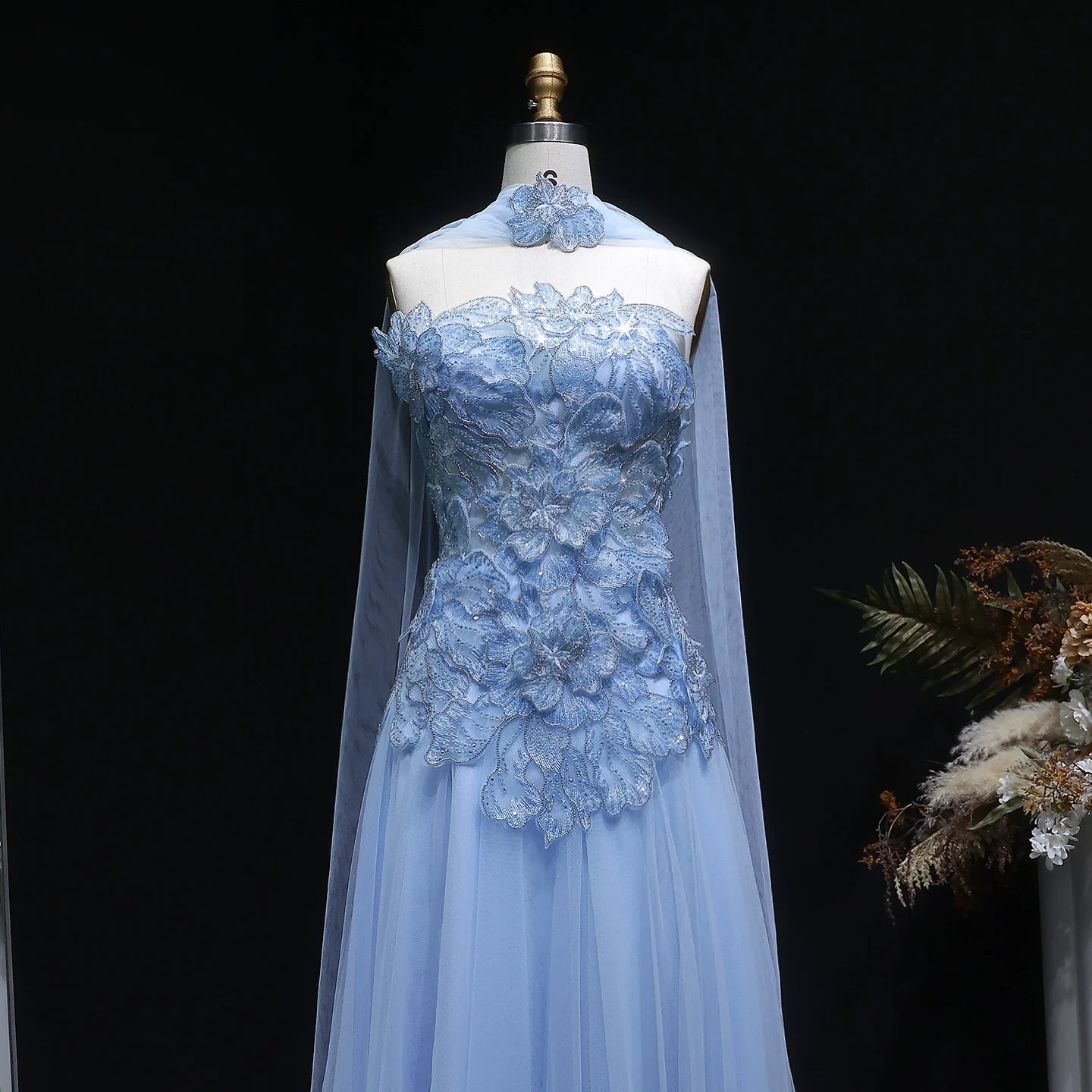 Blue A-Line Evening Gown with Scarf — Appliqué Beaded GCC Formal — Riviera Couture GCC Luxury Evening Gown