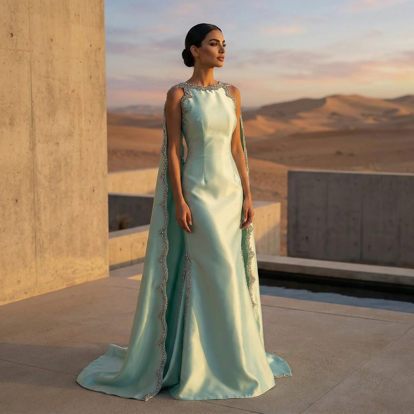 Mint Green Mint Green Arabic Mermaid Evening Gown with Cape and Side Slit — Riviera Couture GCC Luxury Evening Gown