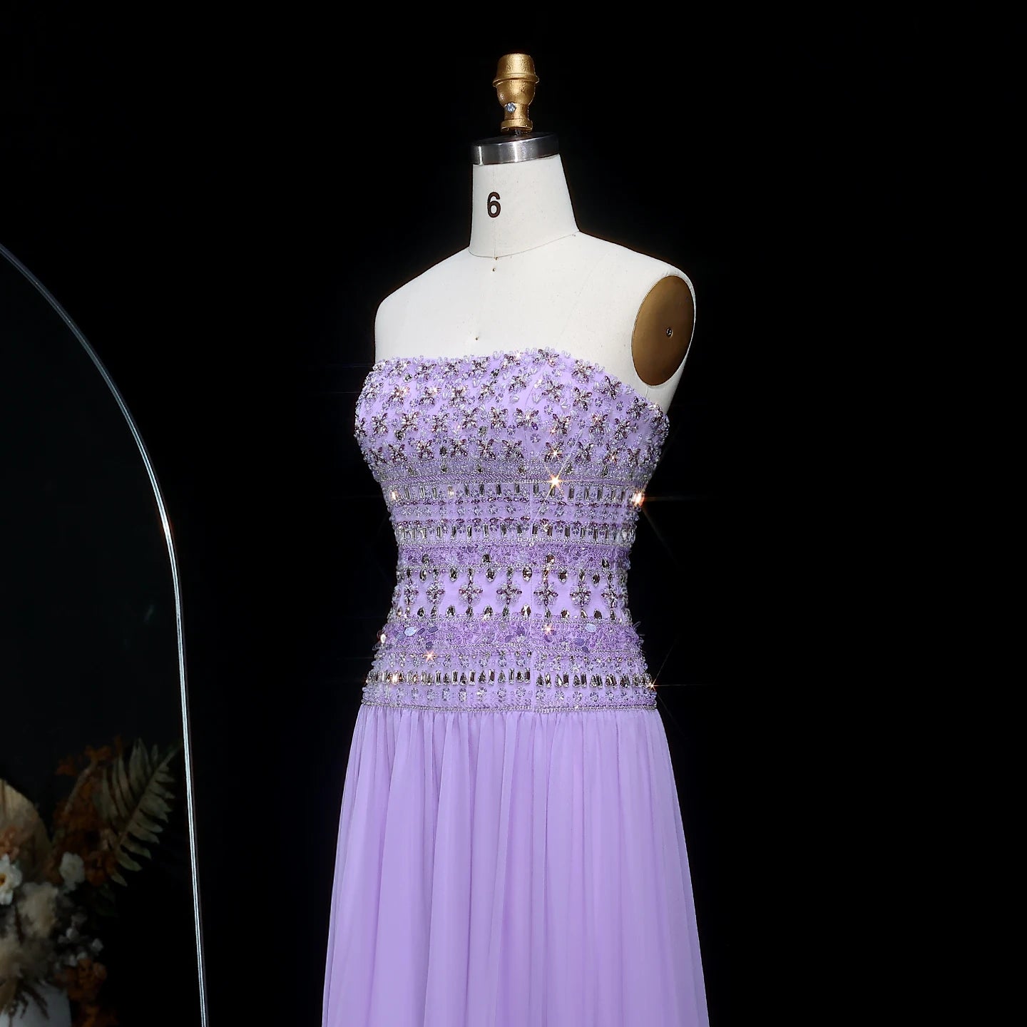 Green Long Sleeves Lilac Beaded Strapless Evening Gown with Flowing Chiffon Skirt — Riviera Couture GCC Luxury Evening Gown