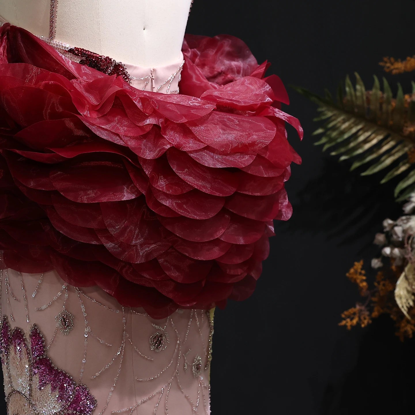 Pink Pink Floral Beaded Evening Gown with Burgundy Cape — GCC Luxury — Riviera Couture GCC Luxury Evening Gown