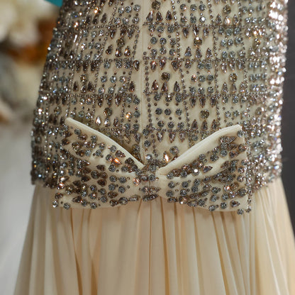 Gold Dubai A-Line Evening Gown — Beaded Crystal Bow Arabic Formal 2026 — Riviera Couture GCC Luxury Evening Gown