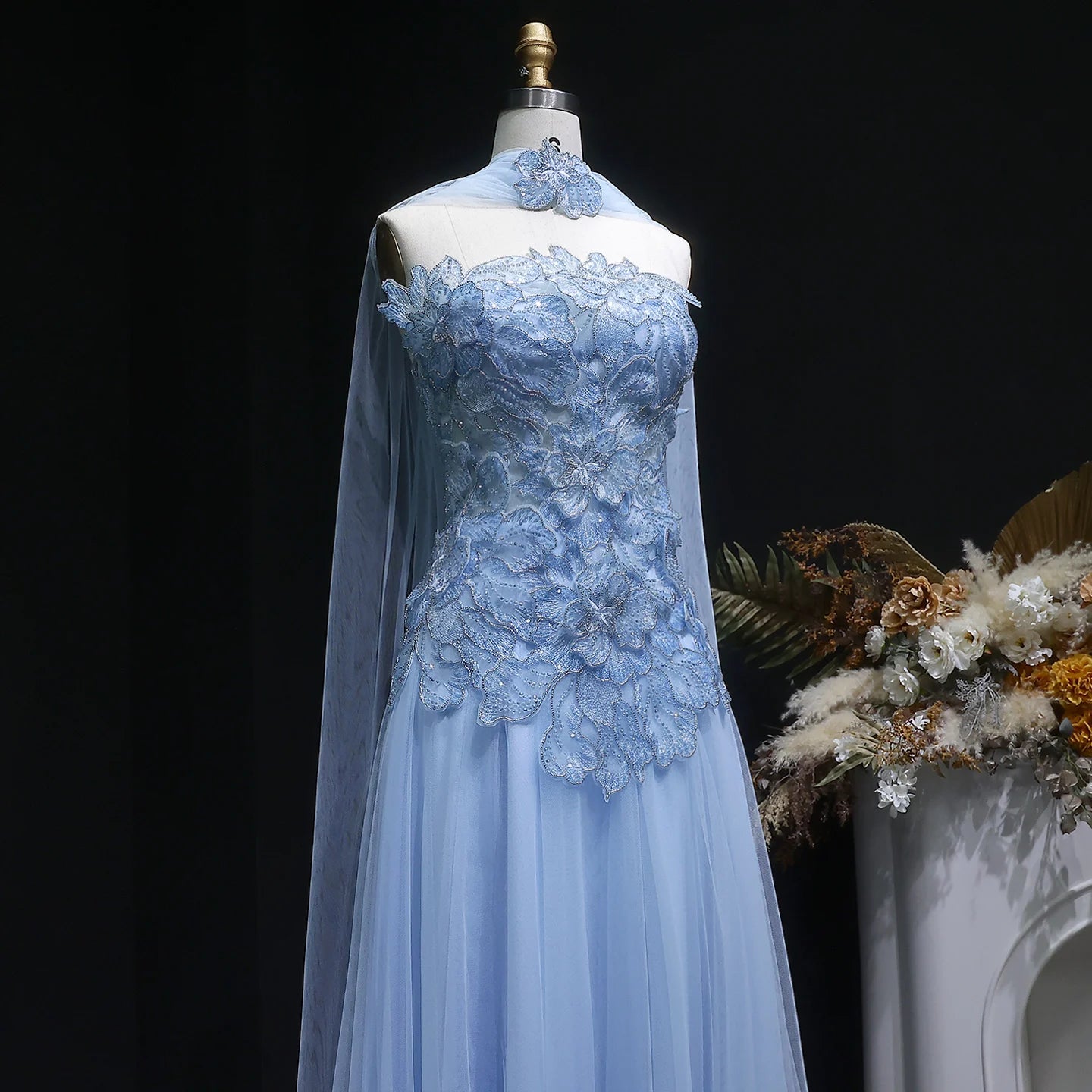 Blue A-Line Evening Gown with Scarf — Appliqué Beaded GCC Formal — Riviera Couture GCC Luxury Evening Gown