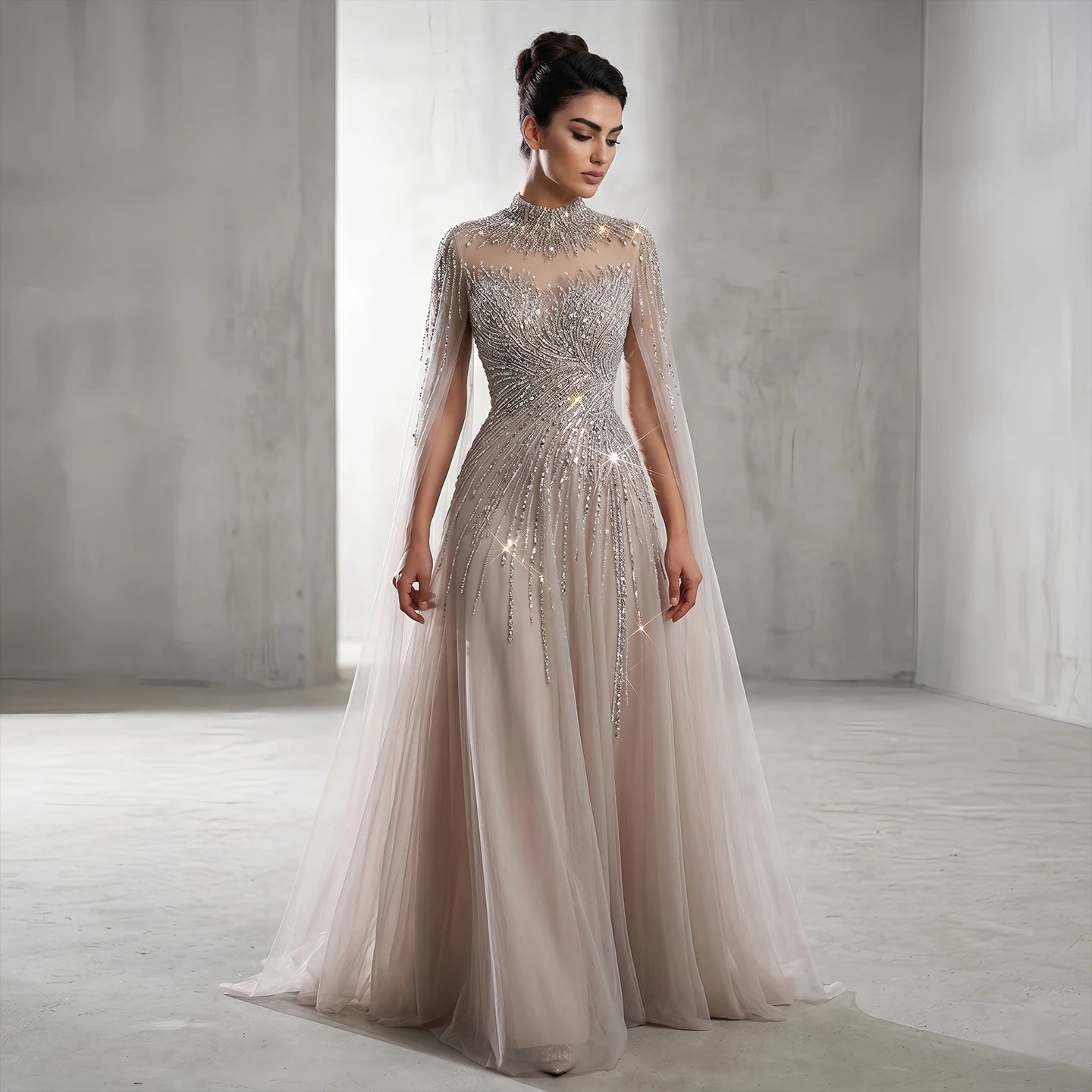 Caramel Caramel Beaded High Neck Cape Sleeve Evening Gown — Sequin Tulle — Riviera Couture GCC Luxury Evening Gown