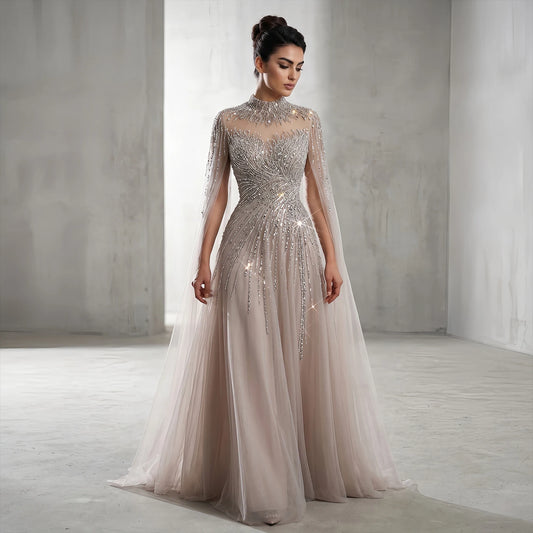 Caramel Caramel Beaded High Neck Cape Sleeve Evening Gown — Sequin Tulle — Riviera Couture GCC Luxury Evening Gown