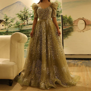 Glitter Gown with Puffy Sleeves - Riviera Couture