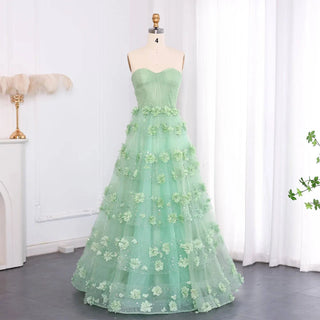 Sage Green 3D Flowers Evening Dress with Cape - Riviera Couture