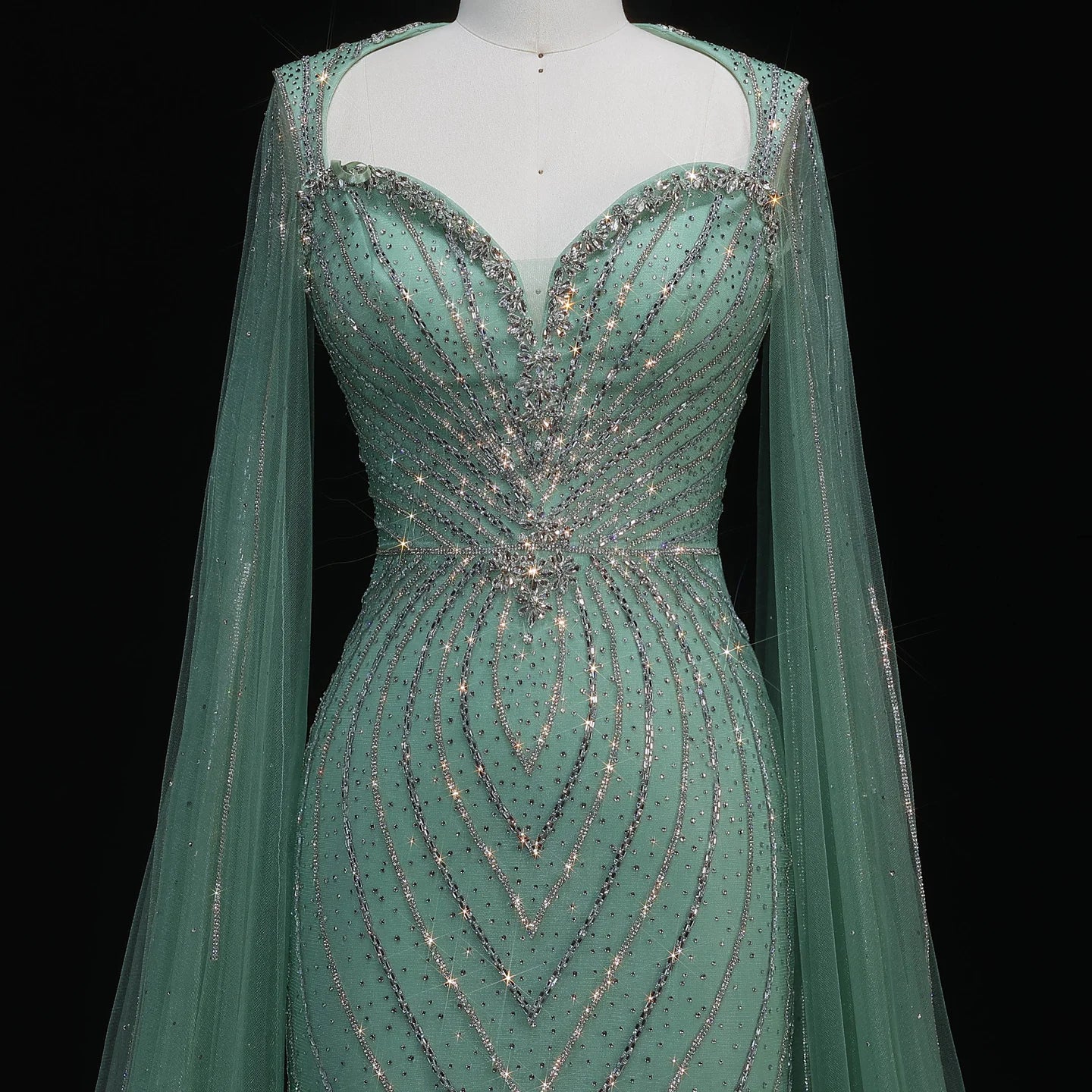 Pink Beaded Mermaid Evening Gown with Cape Sleeves — Dubai Arabic Formal — Riviera Couture GCC Luxury Evening Gown