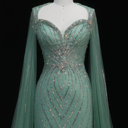 Pink Beaded Mermaid Evening Gown with Cape Sleeves — Dubai Arabic Formal — Riviera Couture GCC Luxury Evening Gown