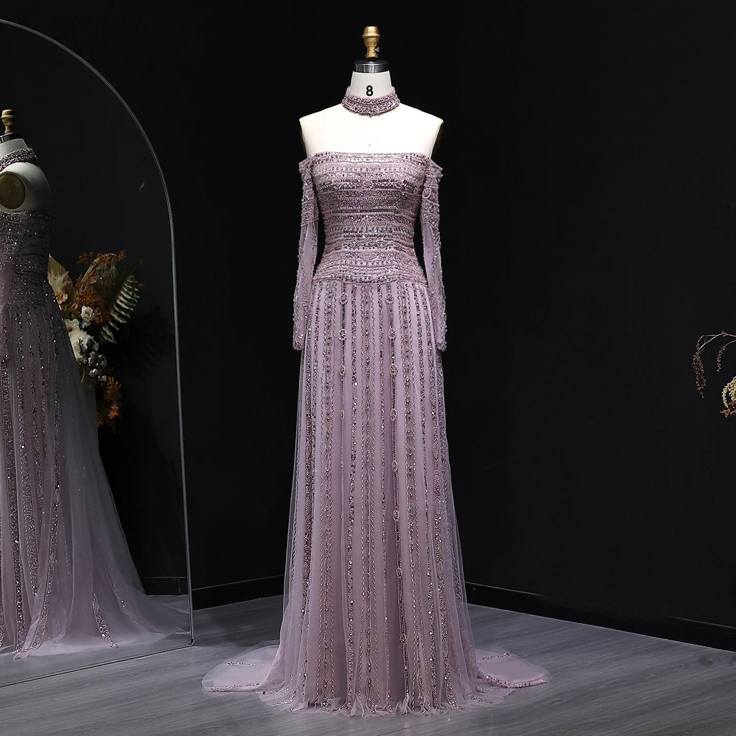 Charcoal Gray Pink Off-Shoulder Evening Gown with Choker — Heavy Beaded Long Sleeve — Riviera Couture GCC Luxury Evening Gown