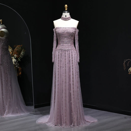 Charcoal Gray Pink Off-Shoulder Evening Gown with Choker — Heavy Beaded Long Sleeve — Riviera Couture GCC Luxury Evening Gown