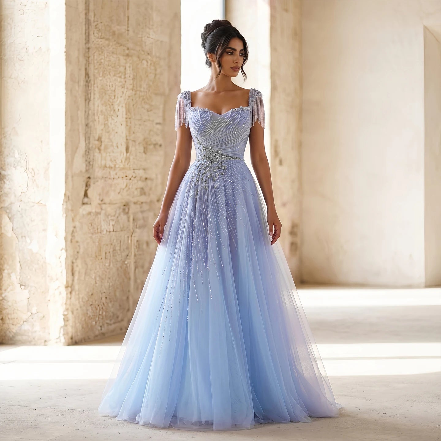 Champagne A-Line Evening Gown — Tassel Beaded Crystal GCC Luxury 2026 — Riviera Couture GCC Luxury Evening Gown