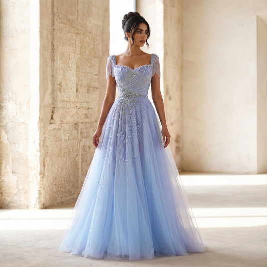 Champagne A-Line Evening Gown — Tassel Beaded Crystal GCC Luxury 2026 — Riviera Couture GCC Luxury Evening Gown