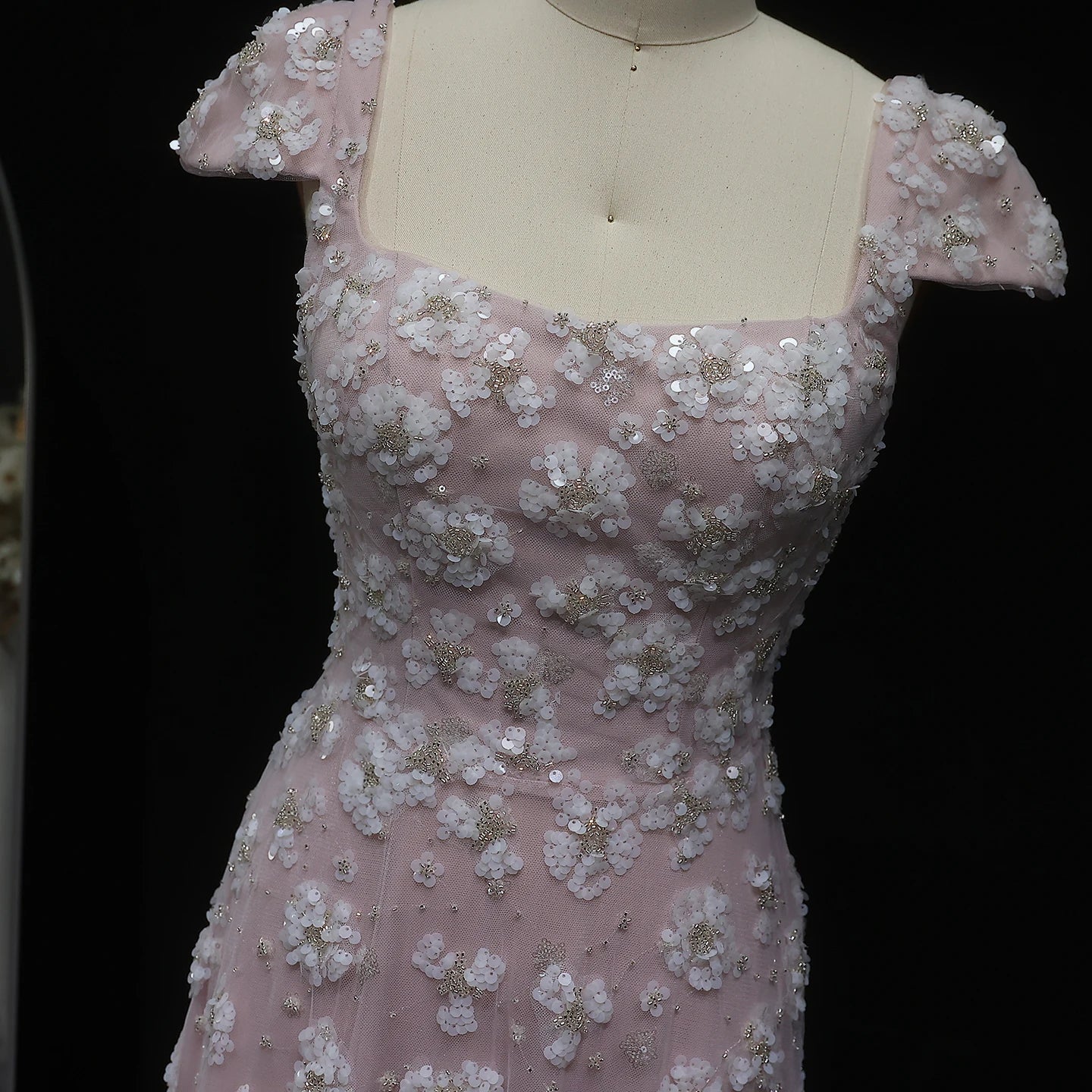Pink Pink Floral A-Line Evening Gown — Square Neck Beaded Flowers GCC — Riviera Couture GCC Luxury Evening Gown