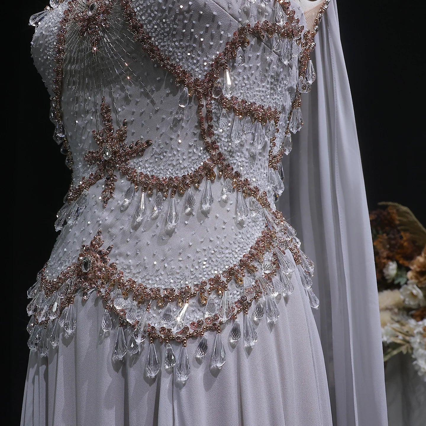 Blush Pink Silver Gold Cape Sleeve Evening Gown — Crystal Beaded Blush Pink — Riviera Couture GCC Luxury Evening Gown